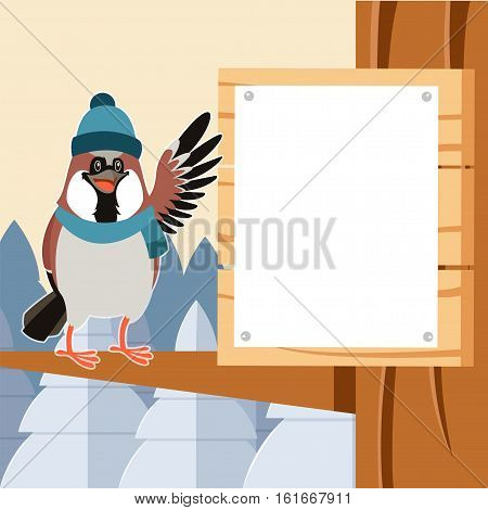 Vector image of the Happy Sparrow with Hat on the Tree flat background