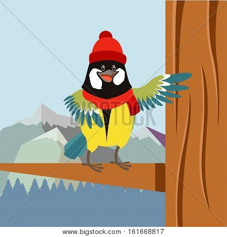 Vector image of the Happy Titmouse with Hat on the Tree winter flat background