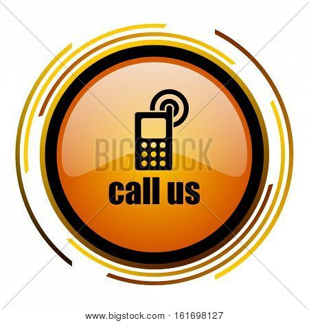 Call us orange glossy vector icon.