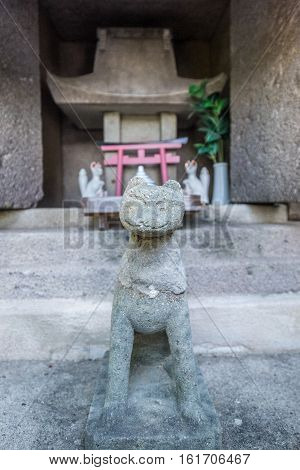 Small fox statue in front of a shinto shrine