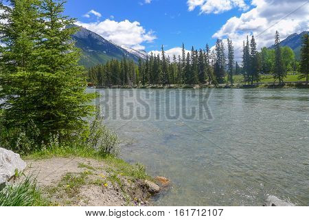 Bow River running around and through Banff