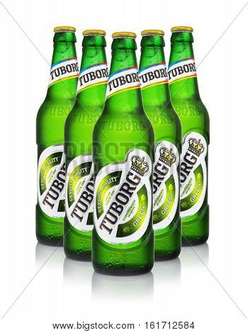 Editorial Photo Of Five Cold Bottles Of Tuborg Green Beer With Drops Isolated On White