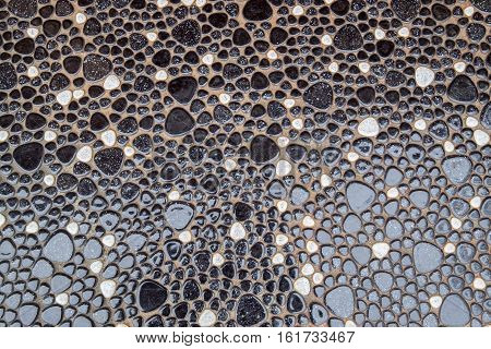 A walkway with black and white stones pattern