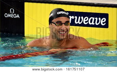 Hong Kong China - Oct 30 2016. Competitive swimmer LIMA Felipe (BRA) after the Men's Breaststroke 100m Preliminary Heat. FINA Swimming World Cup Victoria Park Swimming Pool