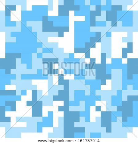 Pixel camo seamless pattern. Fashion blue trendy camouflage for game industry. Vector fabric textile print design.