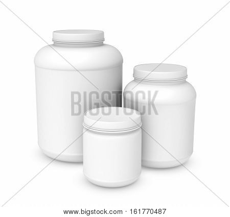 3d rendering of three white blank plastic jars of different sizes, isolated on white background. Cans and containers. Loading and transportation. Liquid and bulk cargo.