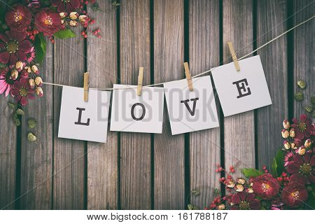Wooden Background And Red Flowers, Words On Paper Sticker