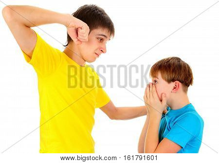 Teenager threaten a Kid Isolated on the White Background