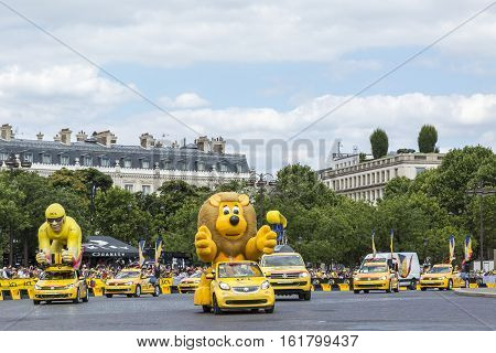 Paris France - July 24 2016: LCL Caravan during the passing of The Publicity Caravan by the Arch de Triomphe on Champs Elysees in Paris during the latest stage of Tour de France 2016.