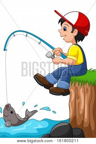 Vector illustration of Little boy fishing on the sea