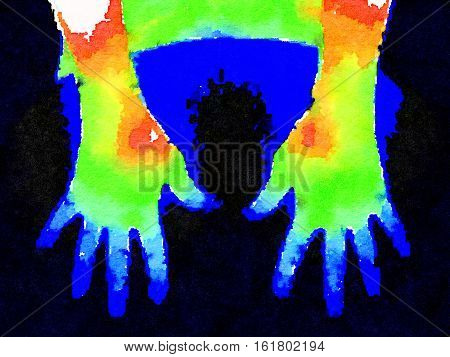 Thermographic image of back of hands showing different temperature in a range of colors from blue showing cold to red showing hot which can indicate joint inflammation.