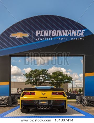 ROYAL OAK, MI/USA - AUGUST 18, 2016: A 2016 Chevrolet Corvette and Camaro SS car at the Woodward Dream Cruise. Woodward is a National Scenic Byway.