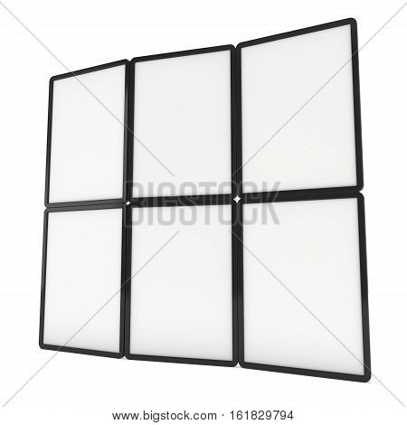 Blank Fold Up Banner Stands. Trade show booth white and blank. 3d render illustration isolated on white background. Template mockup for your design.