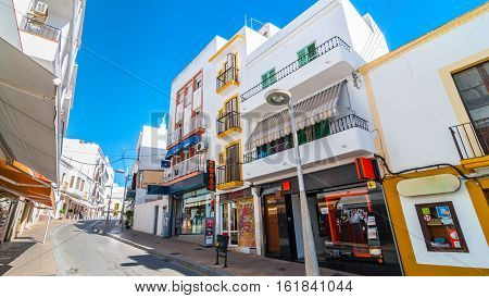 Ibiza, Spain - November 6th, 2013:  Quiet streets of St Antoni de Portmany on the island of Ibiza, Spain in the off-season month of November.