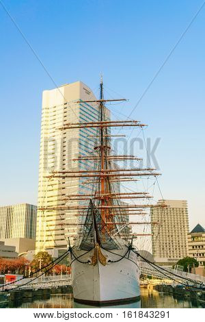 YOKOHAMA, JAPAN - November 24: Nippon Maru in Yokohama, Japan on November 24, 2015. Nippon Maru was a training ship for the cadets of the Japanese merchant marine. She was built in 1930.