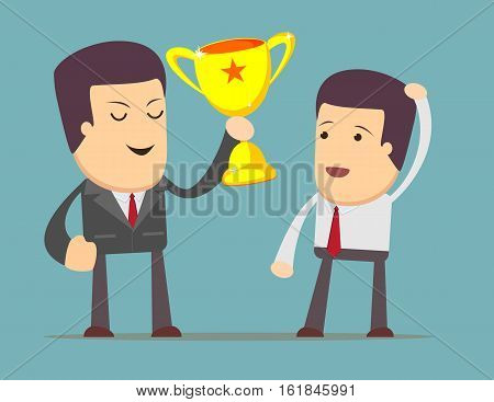Businessman tells how to get a prize. Man dreaming about success. Vector flat illustration