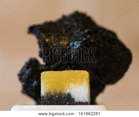 Reaction between sucrose and concentrated sulphuric acid. Sugar turns to carbon as products of water are removed by dehydrating action of H2SO4