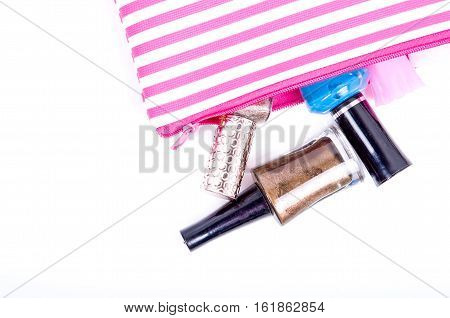 Make up bag with Nail polish on white