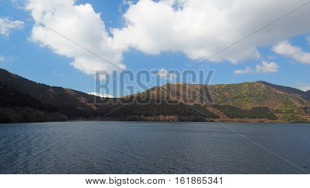 Hill and lake and white cloud blue sky.