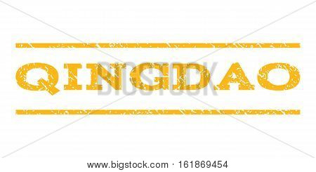 Qingdao watermark stamp. Text tag between horizontal parallel lines with grunge design style. Rubber seal stamp with scratched texture. Vector yellow color ink imprint on a white background.