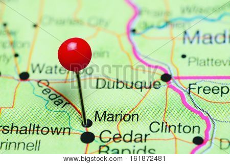 Marion pinned on a map of Iowa, USA
