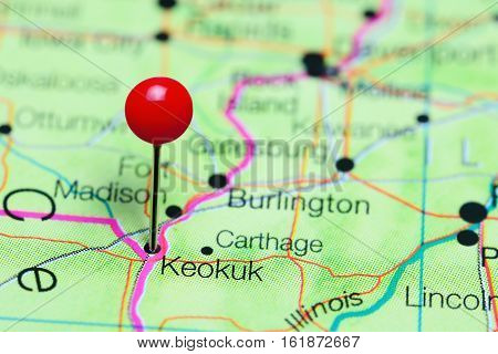 Keokuk pinned on a map of Iowa, USA