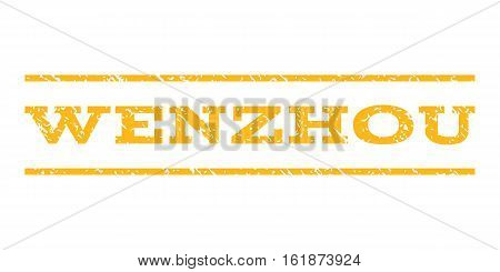 Wenzhou watermark stamp. Text tag between horizontal parallel lines with grunge design style. Rubber seal stamp with scratched texture. Vector yellow color ink imprint on a white background.