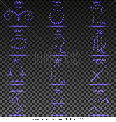 Set of simple stroke zodiac signs with names and dates on round watercolor Colorful, bright night sky circles with hand drawn spray stars