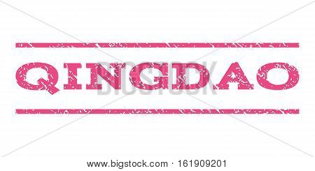 Qingdao watermark stamp. Text caption between horizontal parallel lines with grunge design style. Rubber seal stamp with dust texture. Vector pink color ink imprint on a white background.