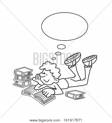 Monochrome outline cartoon boy reading isolated on black background 
with copy space for own text