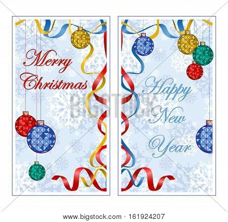 Two oblong greeting banner for the winter holidays. Background with pattern of snowflakes colorful christmas ball ribbon streamers and inscription. Cartoon style.