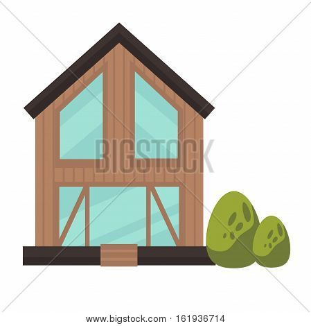 Architecture of modern urban building. Exterior facade of house. Cottage model in flat style. Cartoon vector illustration of glass city construction. Cityscape element - residential real estate.