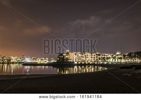 Amazing night lights in Sultanate Oman Souly Bay harbour and Hotels Oceanside 