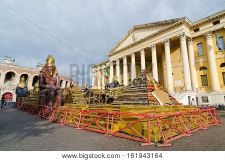 VERONA, ITALY - SEPTEMBER 5, 2015: Barbieri Palace - Palazzo Barbieri is a Neoclassical style palace located in Piazza Bra in Central Verona. It now serves as the town hall. Verona, Italy.