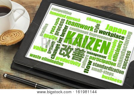 Kaizen - Japanese continuous improvement concept - word cloud  on a digital tablet with a cup of coffee
