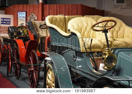 LURAY, VA - OCT 1: The Car and Carriage Caravan Museum in Luray, Virginia, on Oct 1, 2016. It is a unique collection of authentically restored cars, carriages, coaches and costumes from 1725 to 1941.