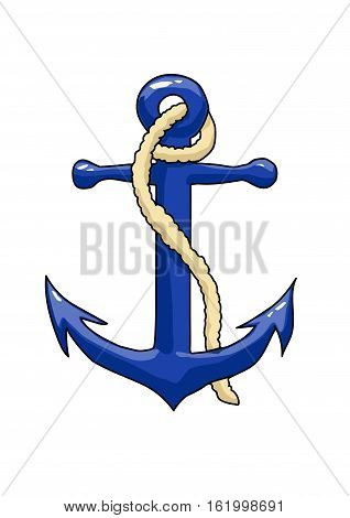Blue anchor with yellow twine on a white background.