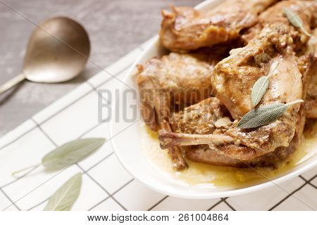 Rabbit Stew In A Sauce Of Wine And Cream With The Addition Of Mustard, Garlic, Thyme And Sage.