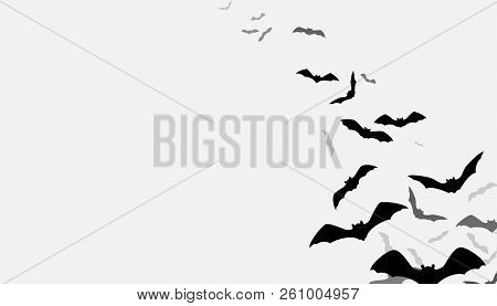 Halloween Flying Bats Background. Creepy Silhouette Flittermouse Group Isolated On White. Vector Ill