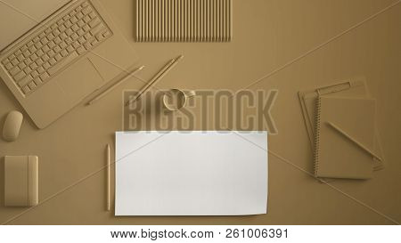 Dark Cream, Pastel Yellow Monochrome Minimal Office Table Desk. Workspace With Laptop, Notebook, Pen