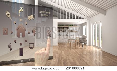 Smart Home Control Concept, Hand Controlling Digital Interface From Mobile App. Blurred Background S