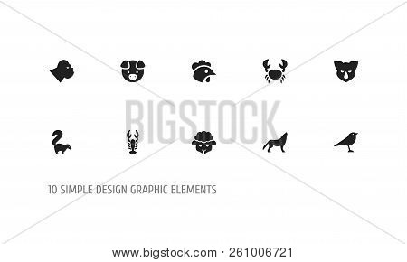 Set Of 10 Editable Animal Icons. Includes Symbols Such As Pig, Lobster, Cock And More. Can Be Used F
