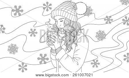 Vector Illustration Of A Beautiful Girl Drinking Coffee Outdoors In Winter, On A Blizzard Background