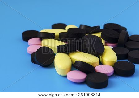 Colored Pills On A Blue Background Tablets, Colored, Blue, Background, Pills, Medicine