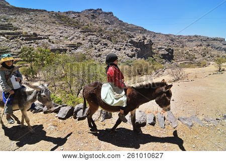 Hajjarah, Yemen - March 14, 2010: Unidentified Girls Graze A Herd Of Farm Animals. From An Early Age