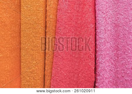 Samples Of Fabric - Guipure With Paillettes Of Different Colors On The Display Case