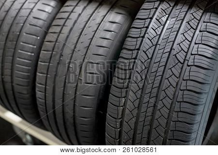 New Compact Vehicles Tires Stack. Winter And Summer Season Tires.car Tires Isolated.repair Garage. R