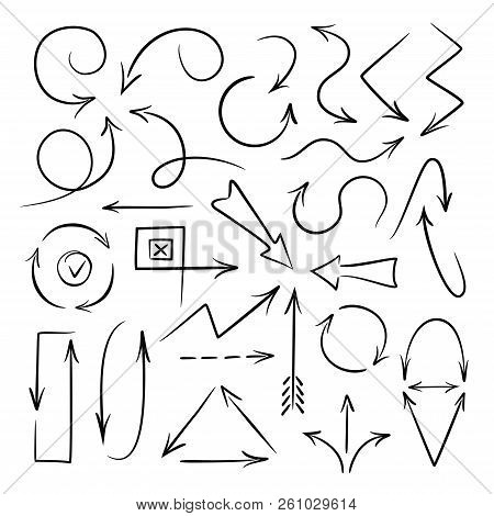 Set Of Hand Drawn Paintbrush Vector Arrows On White.  Doodle Sketchy Black Arrow Illustration