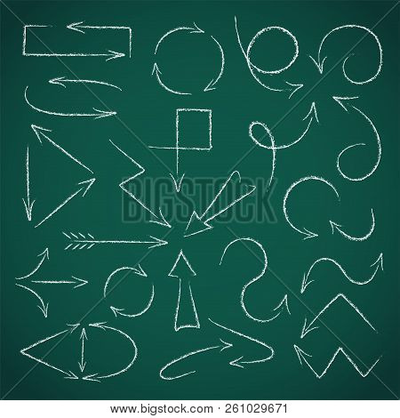 Set Of Hand Drawn White Chalk Arrows On The Chalkboard. Hand Drawn Design Elements. Abstract Vector 
