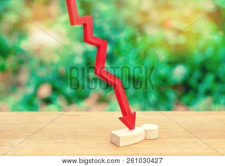 The Red Arrow Cleaves The Person. Victim Of The Economic Crisis, Falling Quotations And The Collapse
